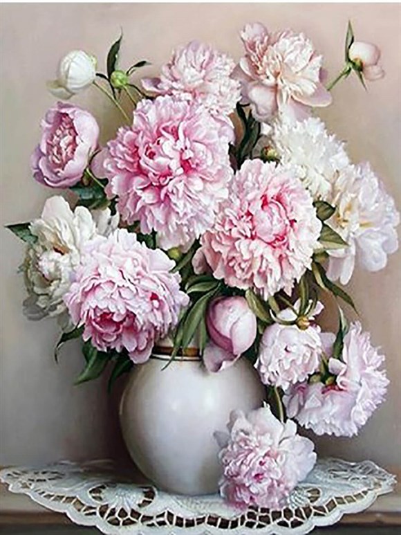 Beyaz Vazodaki Çiçekler 2 Sayılarla Boyama Seti(60x75 cm Tuval Şasesine Gerili)