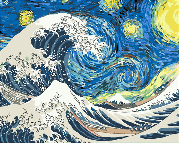 Kanagawa Dalgası Ve Yıldızlı Geceler  Sayılarla Boyama Seti 50x65 cm (Tuvale Gerili)
