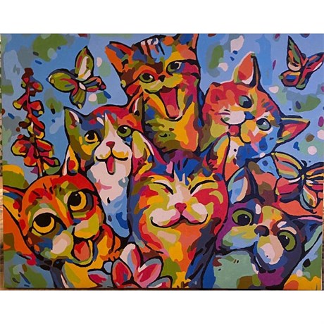Mutlu Kediler Sayılarla Boyama Seti 40x50 cm (Tuvale Gerili)