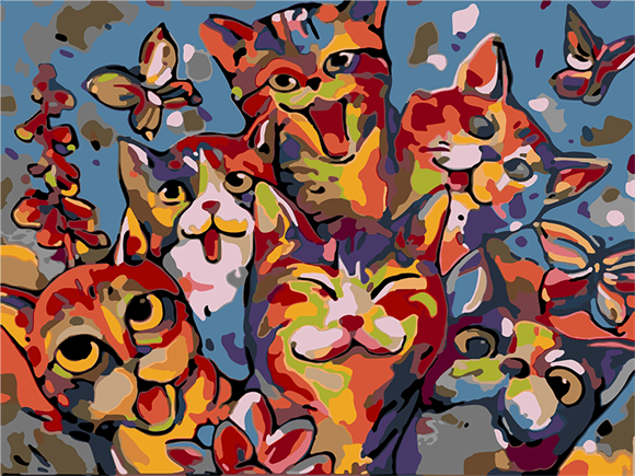 Mutlu Kediler Sayılarla Boyama Seti 50x65 cm (Tuvale Gerili)