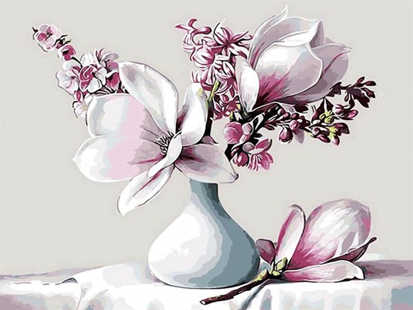 Beyaz Vazo ve Çiçekler Sayılarla Boyama Seti(60x75 cm Tuval Şasesine Gerili)