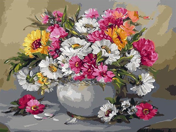 Gri Vazo ve Çiçekler Sayılarla Boyama Seti(40x50 cm Tuval Şasesine Gerili)