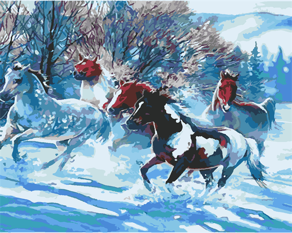 Kış ve Atlar Sayılarla Boyama Seti 40x50 cm (Tuvale Gerili)